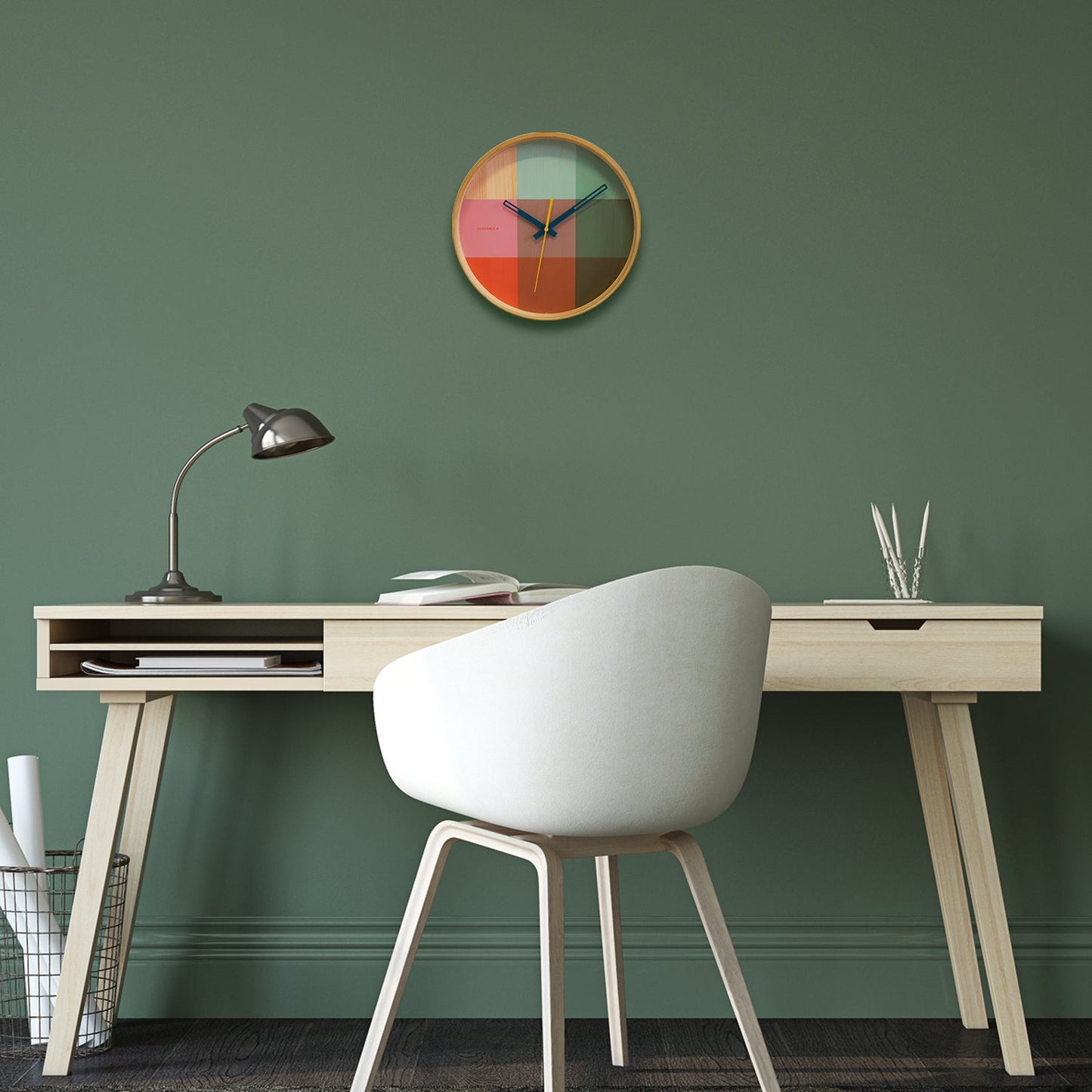 SAMPLE -  Riso Green & Pink Wall Clock - Wooden Casing - Artistic Timepiece