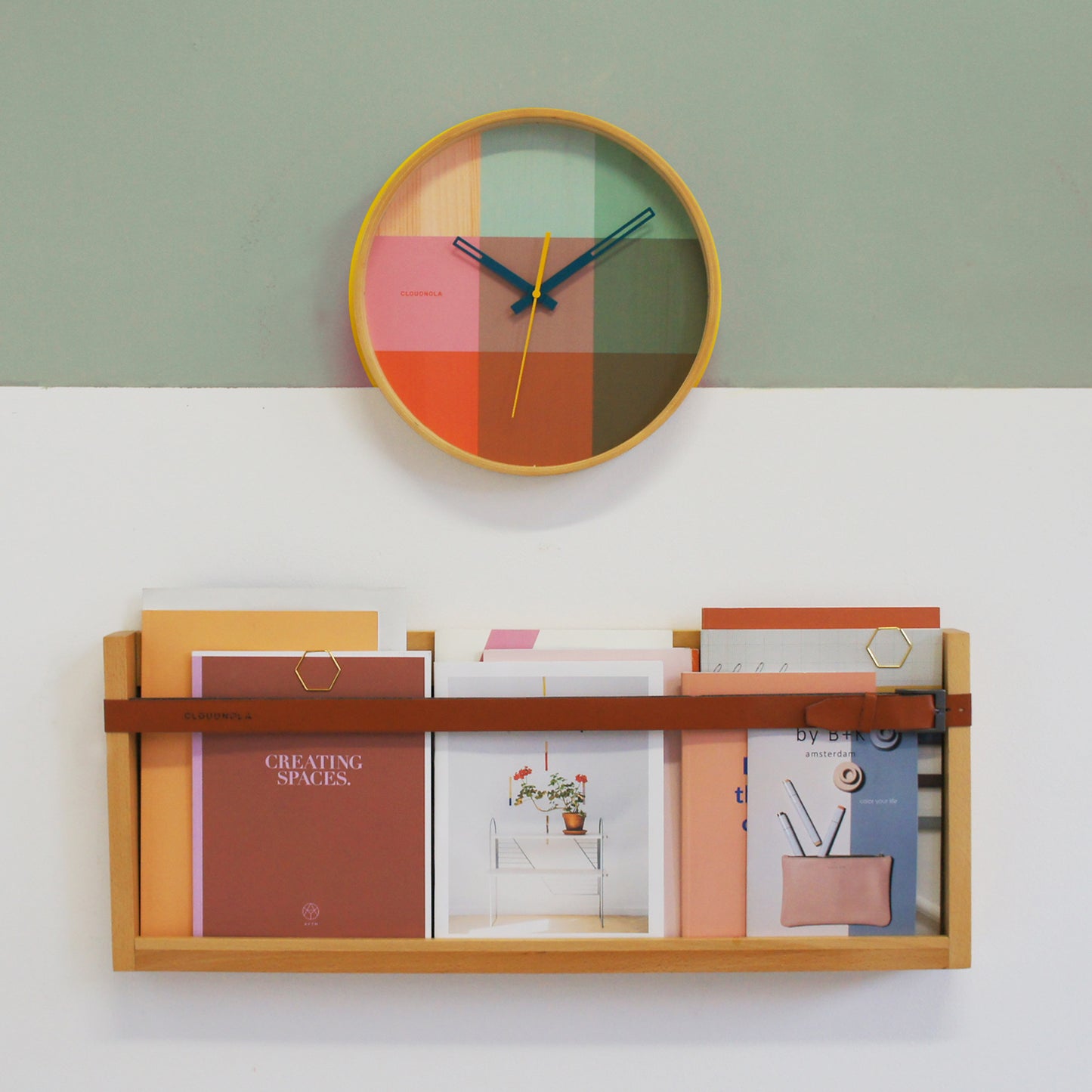 Riso Green & Pink Wall Clock - Wooden Casing - Artistic Timepiece