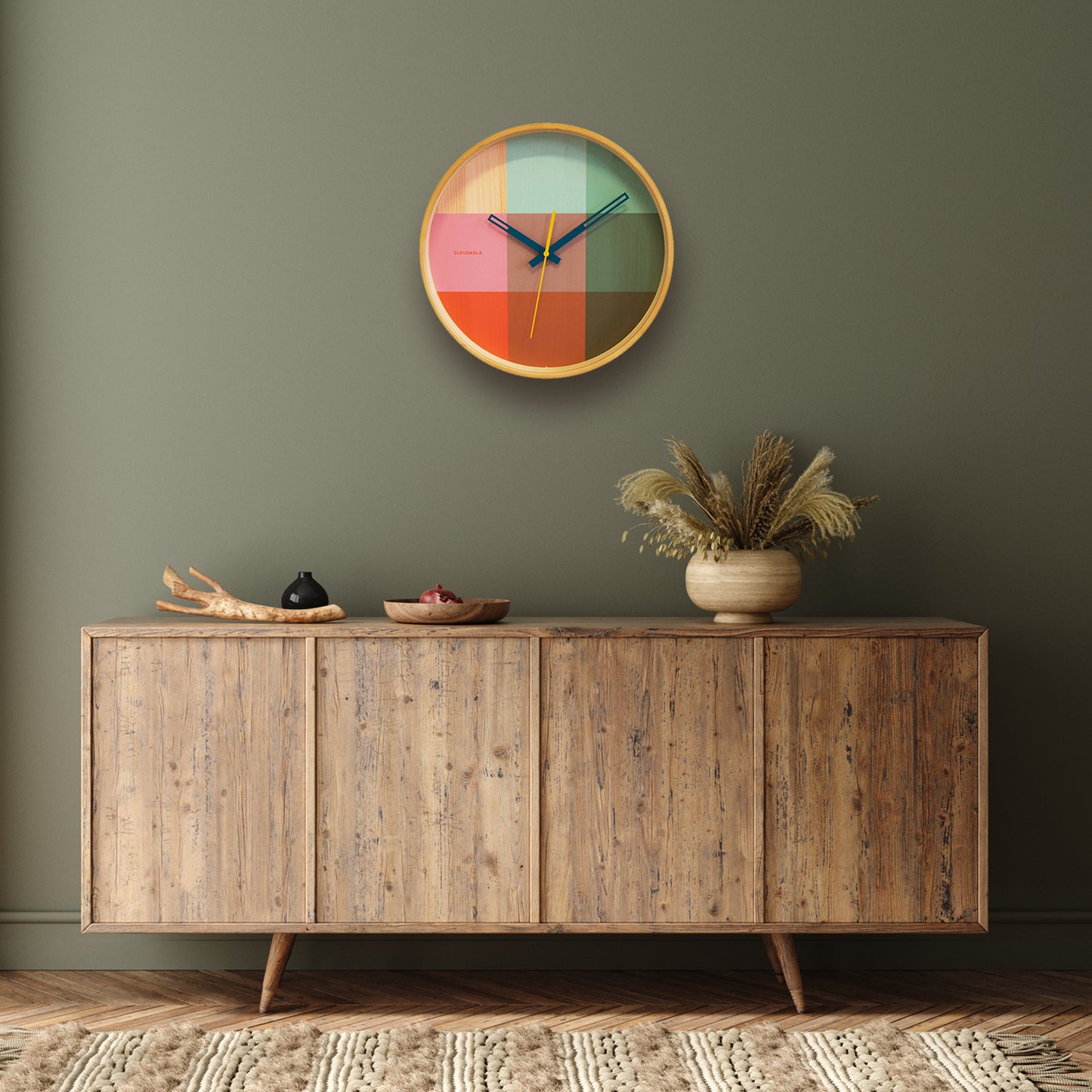 Riso Green & Pink Wall Clock - Wooden Casing - Artistic Timepiece