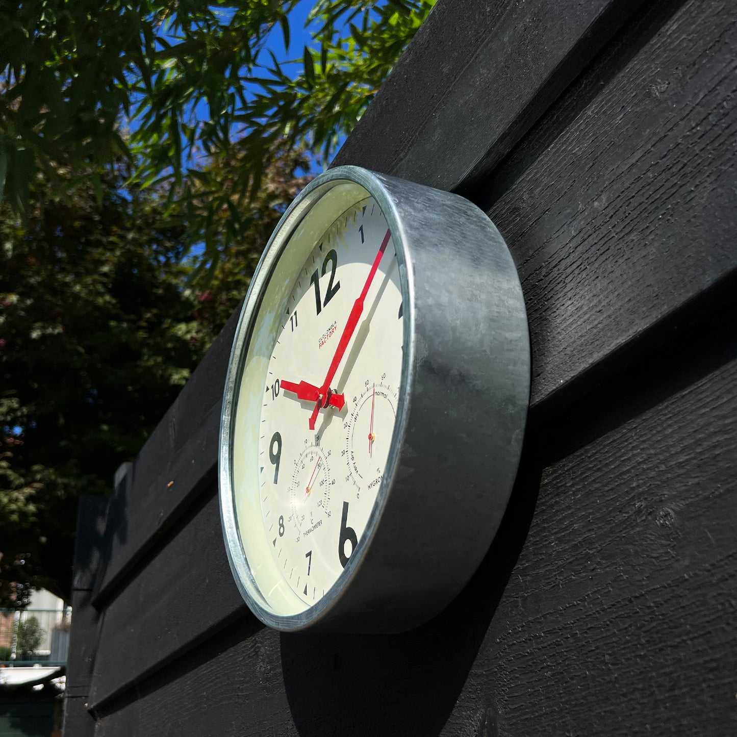 Factory Outdoor Zinc Wall Clock - Weatherproof Station with Barometer & Temperature Readings