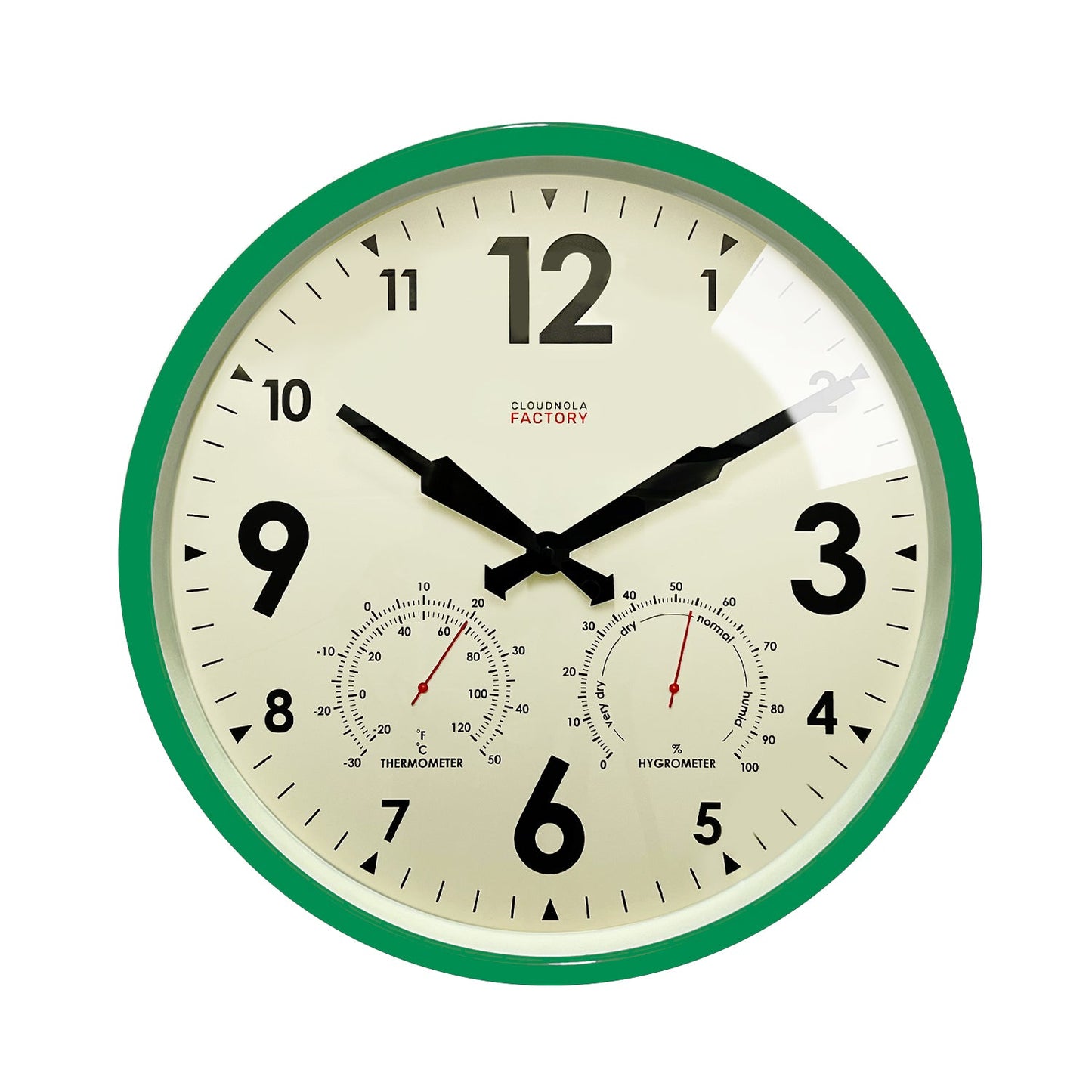 Factory Outdoor Green Wall Clock - Weather-Ready Station with Barometer & Temperature