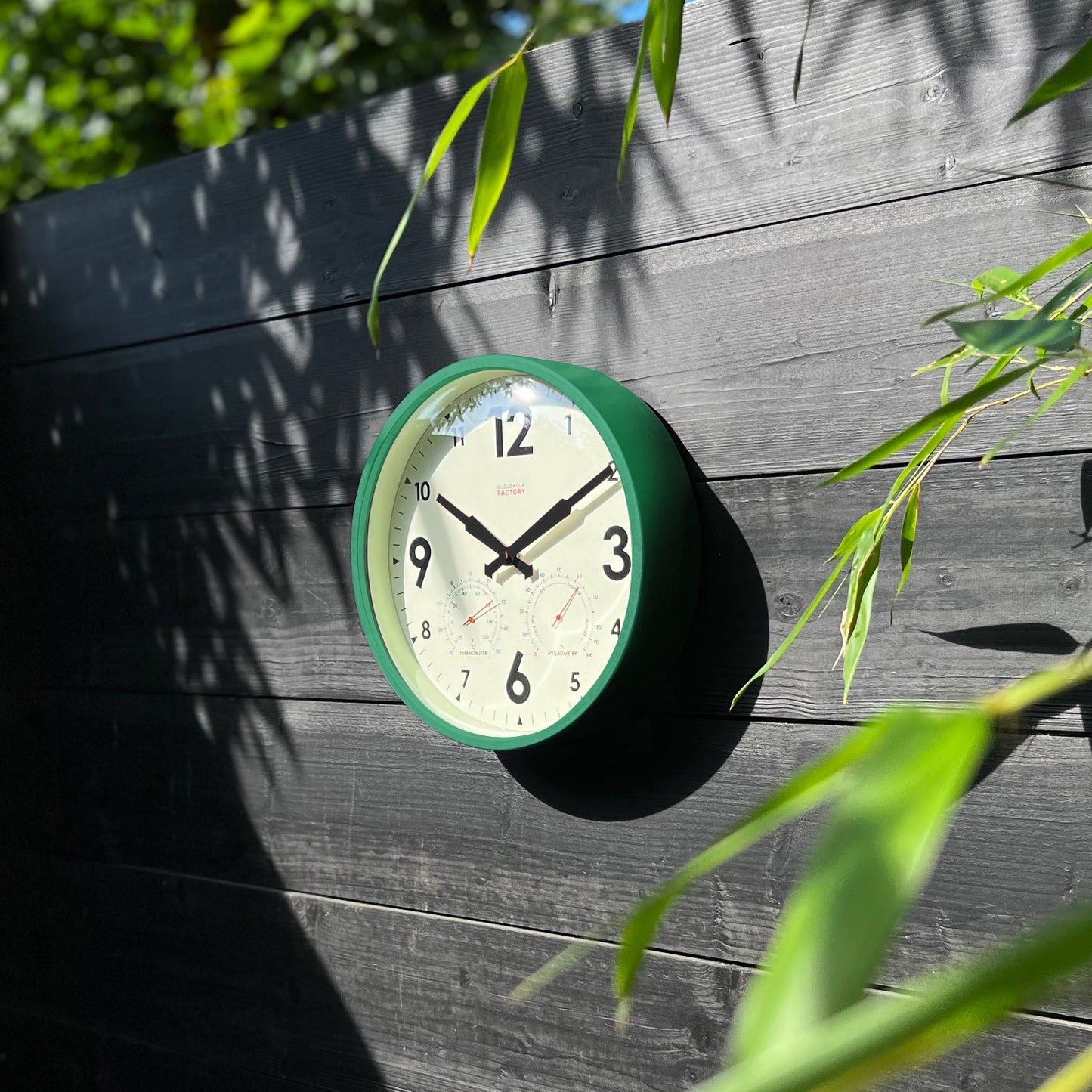 Factory Outdoor Green Wall Clock - Weather-Ready Station with Barometer & Temperature